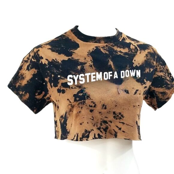 SYSTEM OF A DOWN Rock Band Acid Wash Cropped Crop Top Band Tee Hip Hop Rap Tee - Picture 2 of 5